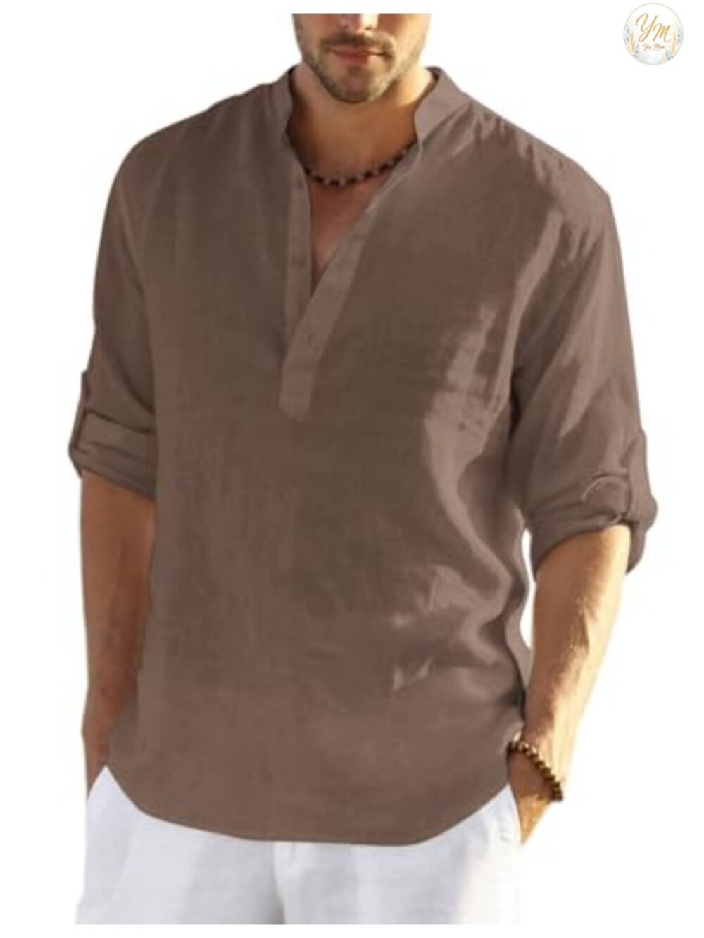 Men's Cotton Linen Henley T-Shirt Long Sleeve Casual Beach Shirt